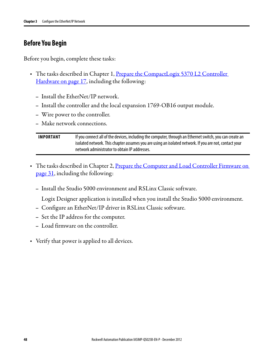 Before you begin | Rockwell Automation 1769-L24ER-QB1B_L24ER-QBFC1B_L27ERM-QBFC1B CompactLogix 5370 L2 Controllers Quick Start User Manual | Page 48 / 86