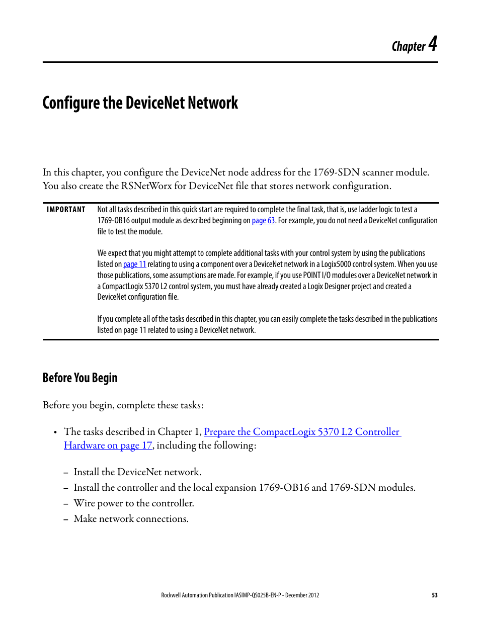 4 - configure the devicenet network, Before you begin, Configure the devicenet | Network, Chapter 4, Configure the devicenet network, Chapter | Rockwell Automation 1769-L24ER-QB1B_L24ER-QBFC1B_L27ERM-QBFC1B CompactLogix 5370 L2 Controllers Quick Start User Manual | Page 53 / 86