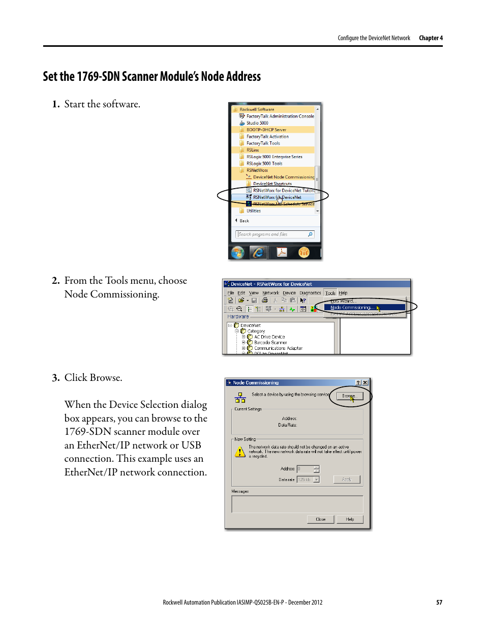 Set the 1769-sdn scanner module’s node address, Set the 1769-sdn, Scanner module’s node | Address | Rockwell Automation 1769-L24ER-QB1B_L24ER-QBFC1B_L27ERM-QBFC1B CompactLogix 5370 L2 Controllers Quick Start User Manual | Page 57 / 86