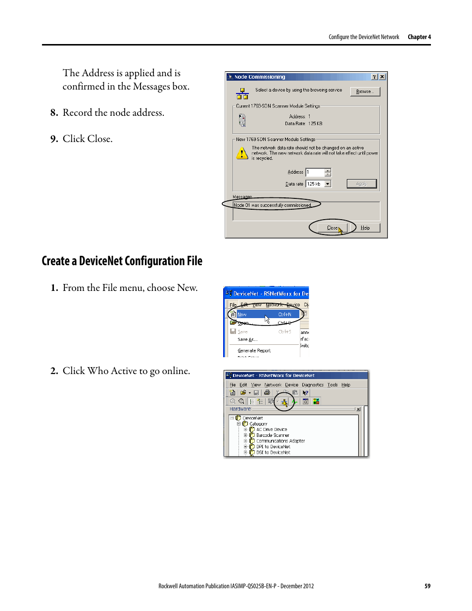 Create a devicenet configuration file, Create a devicenet, Configuration file | Rockwell Automation 1769-L24ER-QB1B_L24ER-QBFC1B_L27ERM-QBFC1B CompactLogix 5370 L2 Controllers Quick Start User Manual | Page 59 / 86