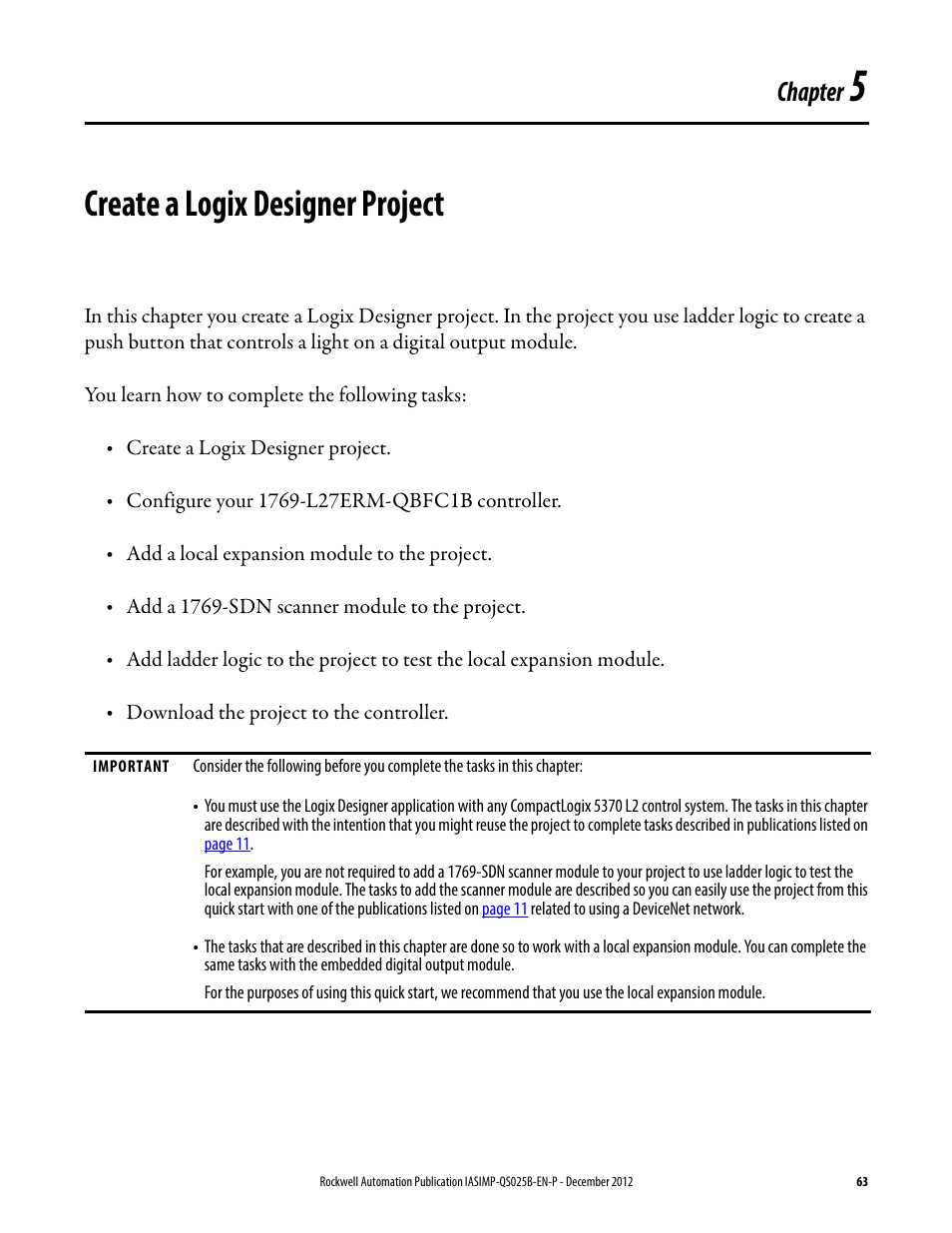 5 - create a logix designer project, Create a logix designer, Project | Chapter 5, Create a logix designer project, Described beginning on, Chapter | Rockwell Automation 1769-L24ER-QB1B_L24ER-QBFC1B_L27ERM-QBFC1B CompactLogix 5370 L2 Controllers Quick Start User Manual | Page 63 / 86