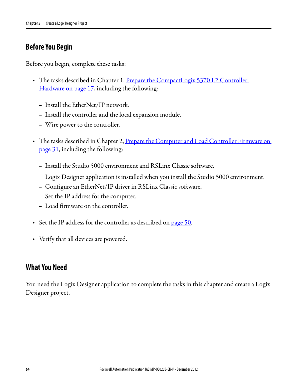 Before you begin, What you need, Before you begin what you need | Rockwell Automation 1769-L24ER-QB1B_L24ER-QBFC1B_L27ERM-QBFC1B CompactLogix 5370 L2 Controllers Quick Start User Manual | Page 64 / 86