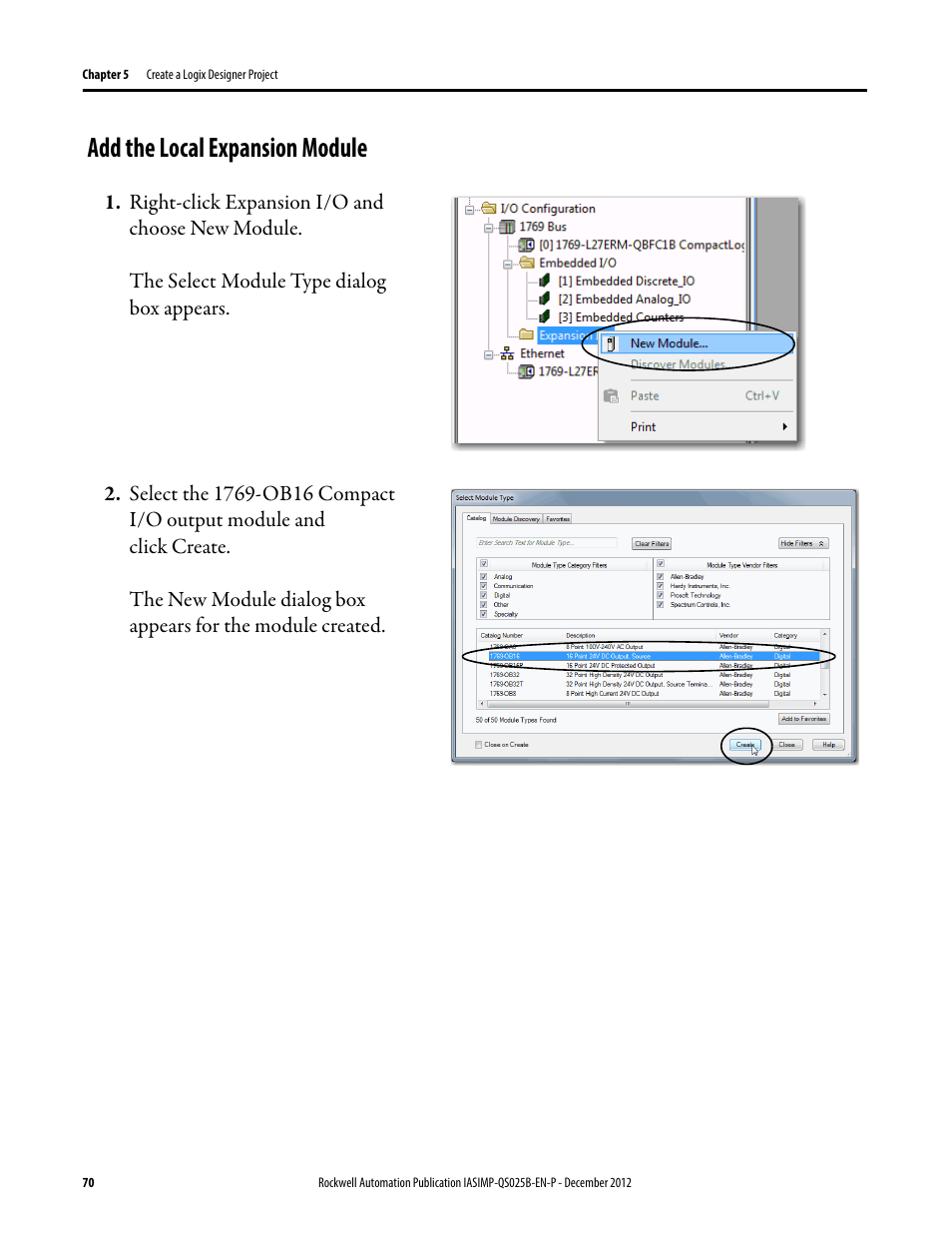 Add the local expansion module, Add the local, Expansion module | Rockwell Automation 1769-L24ER-QB1B_L24ER-QBFC1B_L27ERM-QBFC1B CompactLogix 5370 L2 Controllers Quick Start User Manual | Page 70 / 86