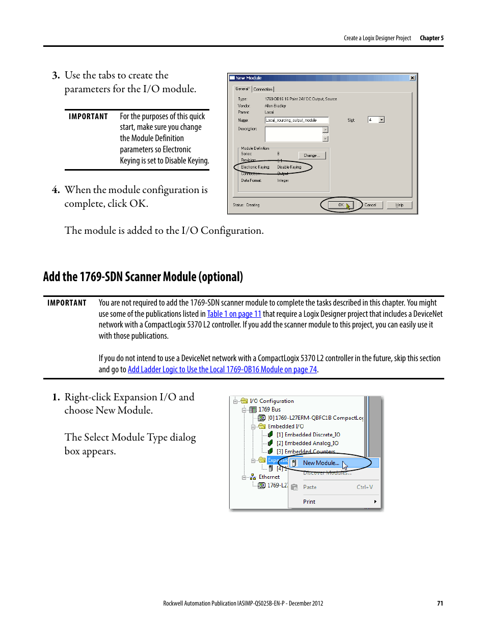 Add the 1769-sdn scanner module (optional), Add the 1769-sdn, Scanner module | Optional) | Rockwell Automation 1769-L24ER-QB1B_L24ER-QBFC1B_L27ERM-QBFC1B CompactLogix 5370 L2 Controllers Quick Start User Manual | Page 71 / 86