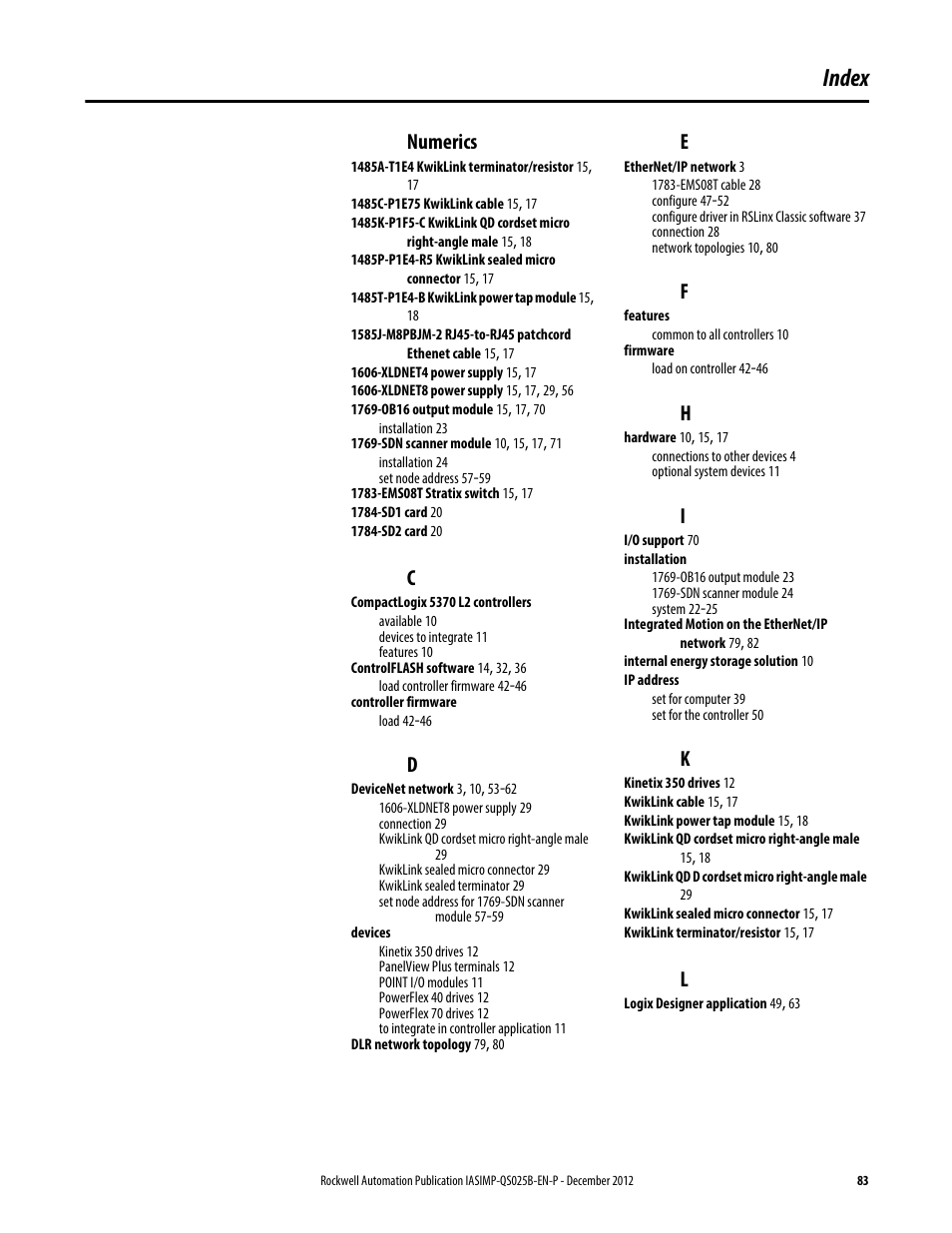 Index, Numerics | Rockwell Automation 1769-L24ER-QB1B_L24ER-QBFC1B_L27ERM-QBFC1B CompactLogix 5370 L2 Controllers Quick Start User Manual | Page 83 / 86