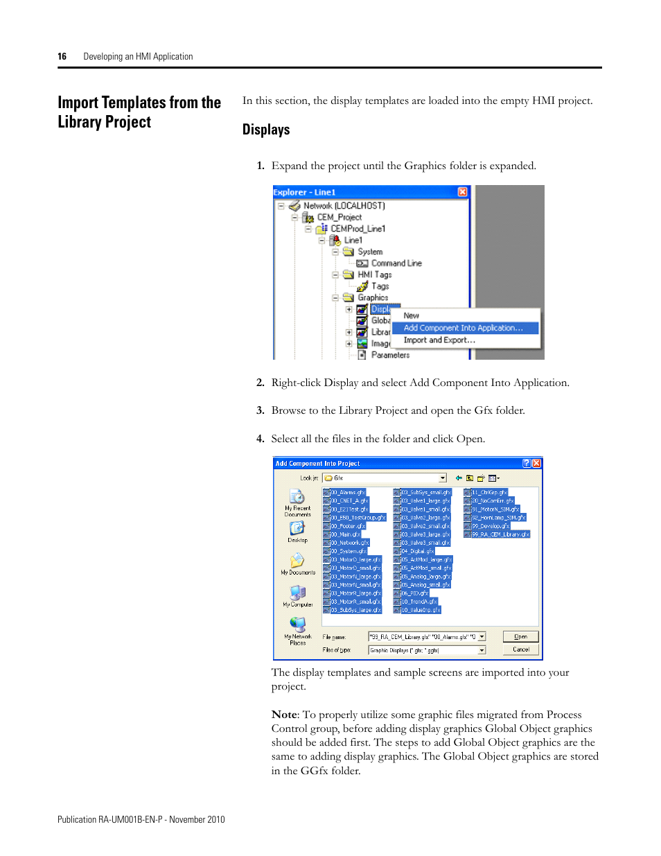 Import templates from the library project, Displays | Rockwell Automation MMCL Using the Mining, Mineral, and Cement Library (MMCL) in FactoryTalk View Site Ed User Manual | Page 16 / 92