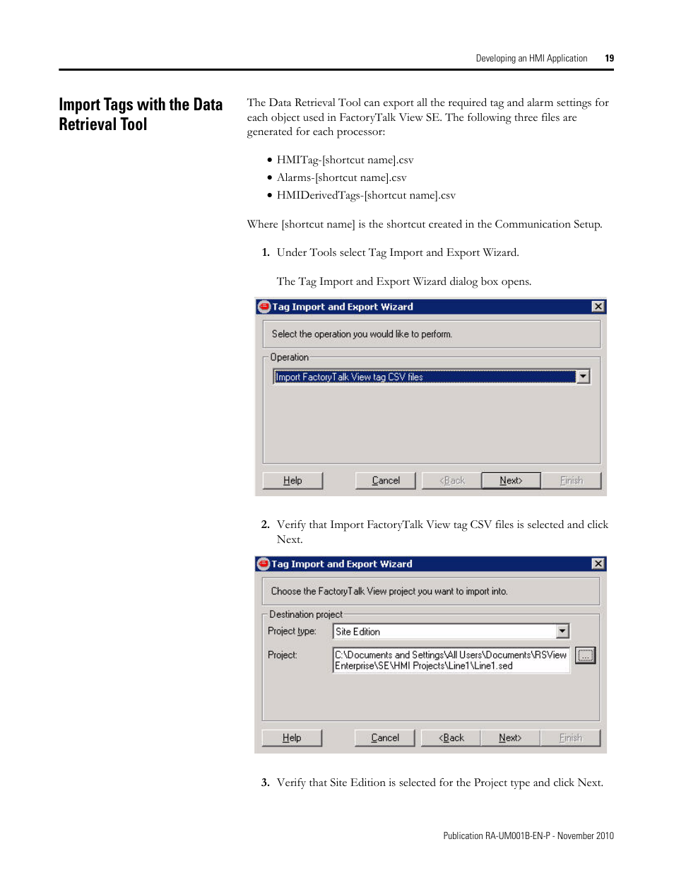 Import tags with the data retrieval tool | Rockwell Automation MMCL Using the Mining, Mineral, and Cement Library (MMCL) in FactoryTalk View Site Ed User Manual | Page 19 / 92