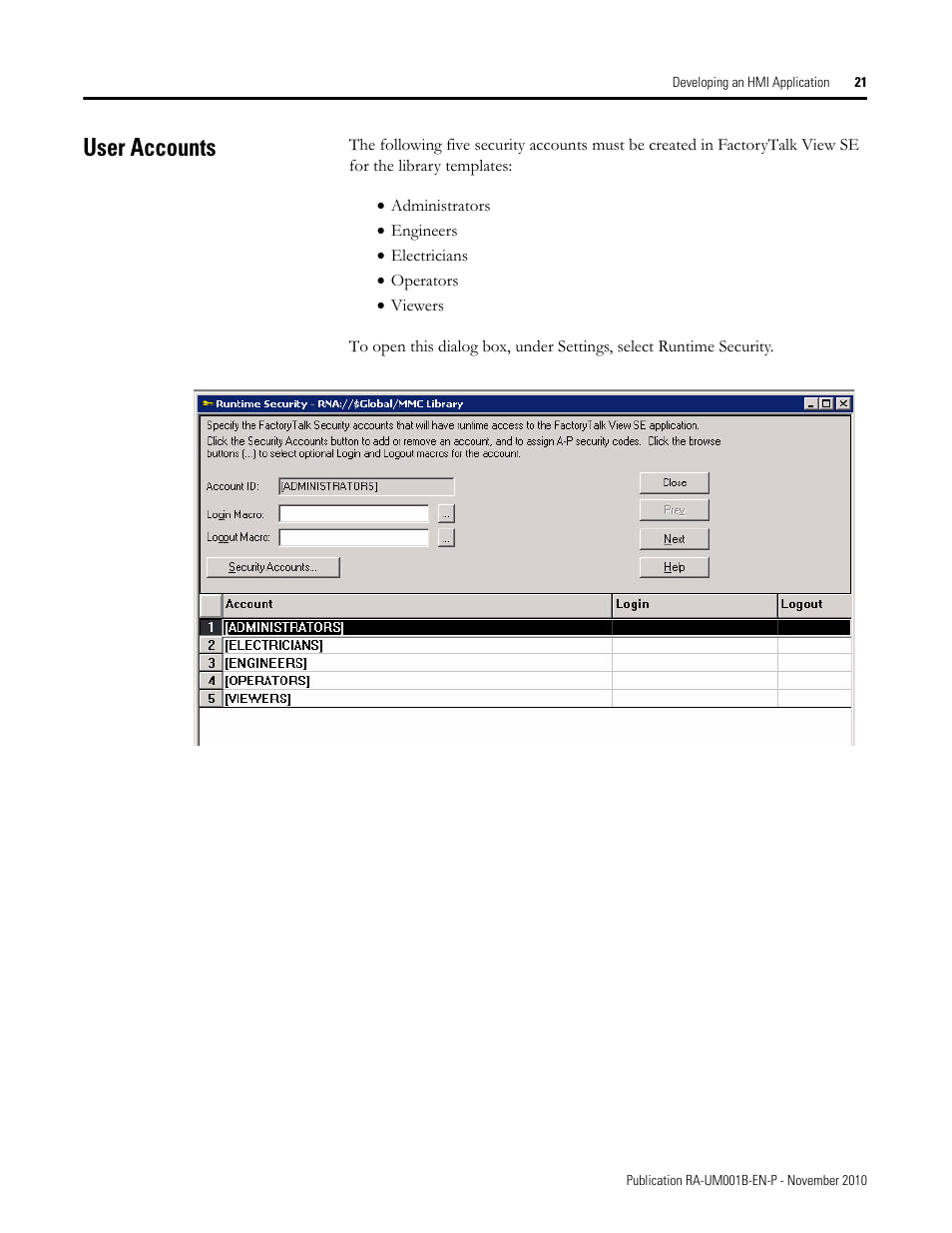 User accounts | Rockwell Automation MMCL Using the Mining, Mineral, and Cement Library (MMCL) in FactoryTalk View Site Ed User Manual | Page 21 / 92