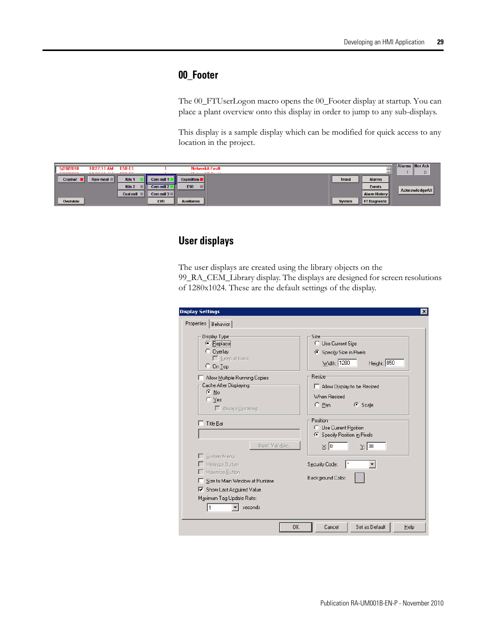 00_footer, User displays, 00_footer user displays | Rockwell Automation MMCL Using the Mining, Mineral, and Cement Library (MMCL) in FactoryTalk View Site Ed User Manual | Page 29 / 92