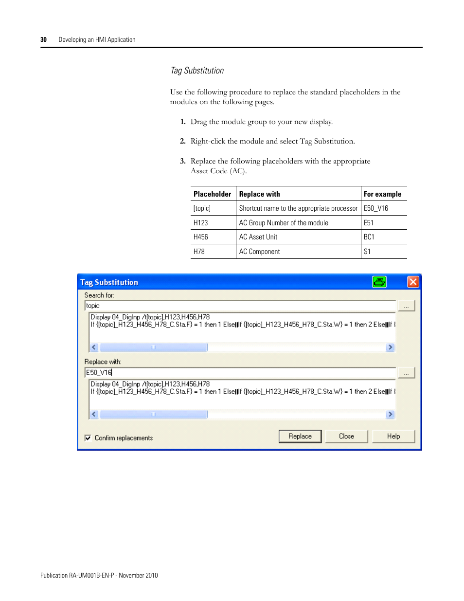 Tag substitution | Rockwell Automation MMCL Using the Mining, Mineral, and Cement Library (MMCL) in FactoryTalk View Site Ed User Manual | Page 30 / 92