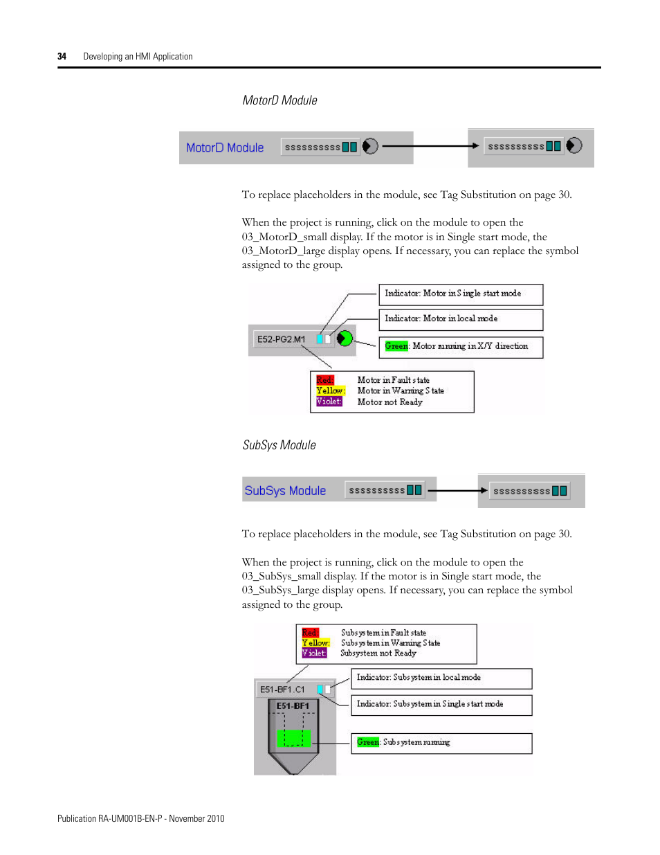 Motord module, Subsys module | Rockwell Automation MMCL Using the Mining, Mineral, and Cement Library (MMCL) in FactoryTalk View Site Ed User Manual | Page 34 / 92