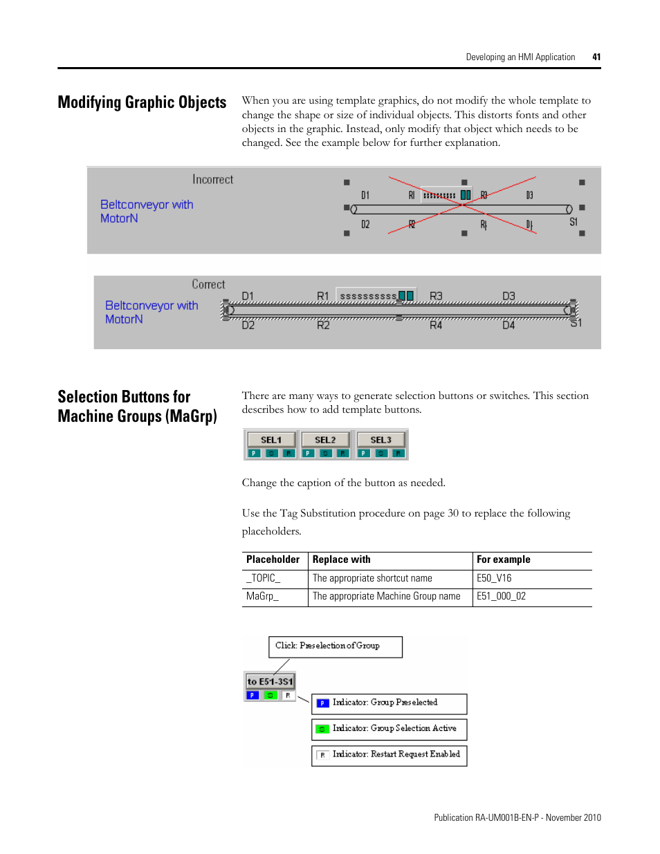 Modifying graphic objects, Selection buttons for machine groups (magrp) | Rockwell Automation MMCL Using the Mining, Mineral, and Cement Library (MMCL) in FactoryTalk View Site Ed User Manual | Page 41 / 92