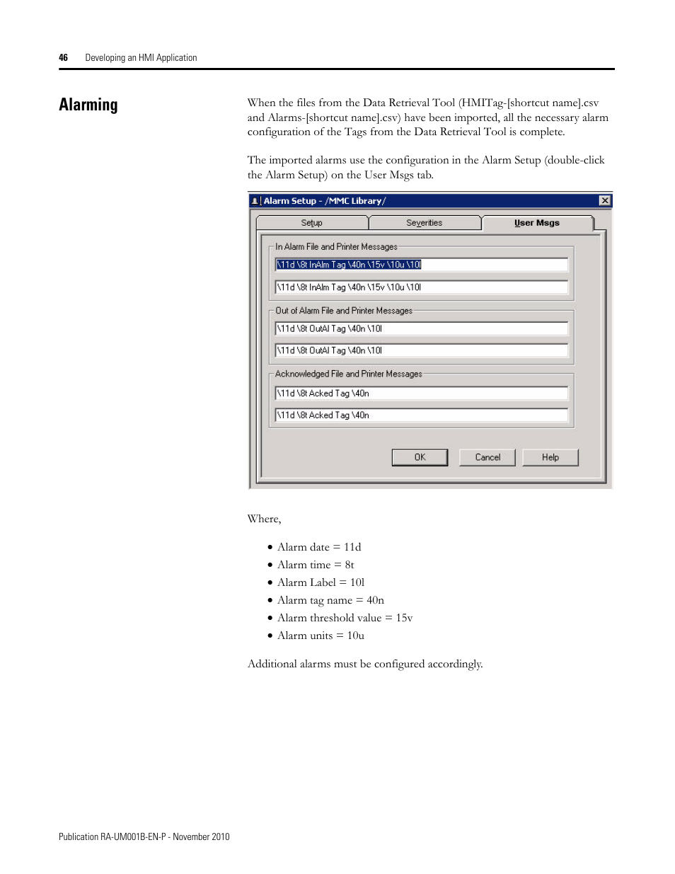 Alarming | Rockwell Automation MMCL Using the Mining, Mineral, and Cement Library (MMCL) in FactoryTalk View Site Ed User Manual | Page 46 / 92