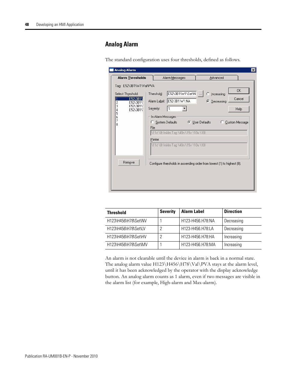 Analog alarm | Rockwell Automation MMCL Using the Mining, Mineral, and Cement Library (MMCL) in FactoryTalk View Site Ed User Manual | Page 48 / 92