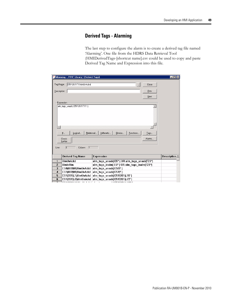 Derived tags - alarming | Rockwell Automation MMCL Using the Mining, Mineral, and Cement Library (MMCL) in FactoryTalk View Site Ed User Manual | Page 49 / 92