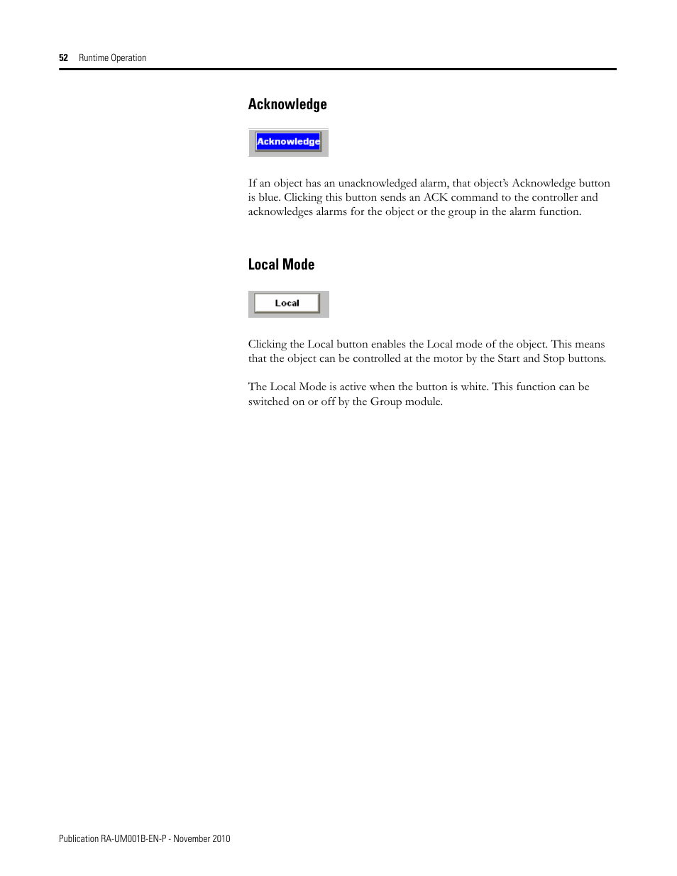 Acknowledge, Local mode, Acknowledge local mode | Rockwell Automation MMCL Using the Mining, Mineral, and Cement Library (MMCL) in FactoryTalk View Site Ed User Manual | Page 52 / 92