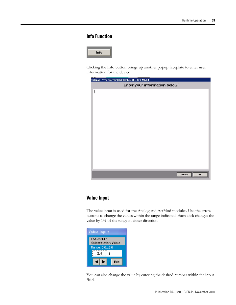Info function, Value input, Info function value input | Rockwell Automation MMCL Using the Mining, Mineral, and Cement Library (MMCL) in FactoryTalk View Site Ed User Manual | Page 53 / 92