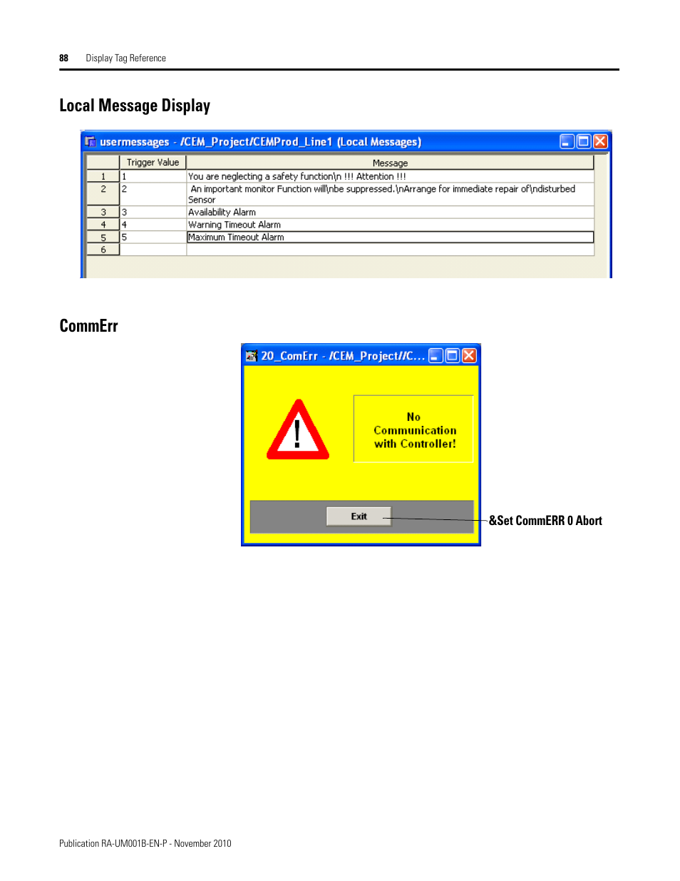 Local message display, Commerr, Local message display commerr | Rockwell Automation MMCL Using the Mining, Mineral, and Cement Library (MMCL) in FactoryTalk View Site Ed User Manual | Page 88 / 92