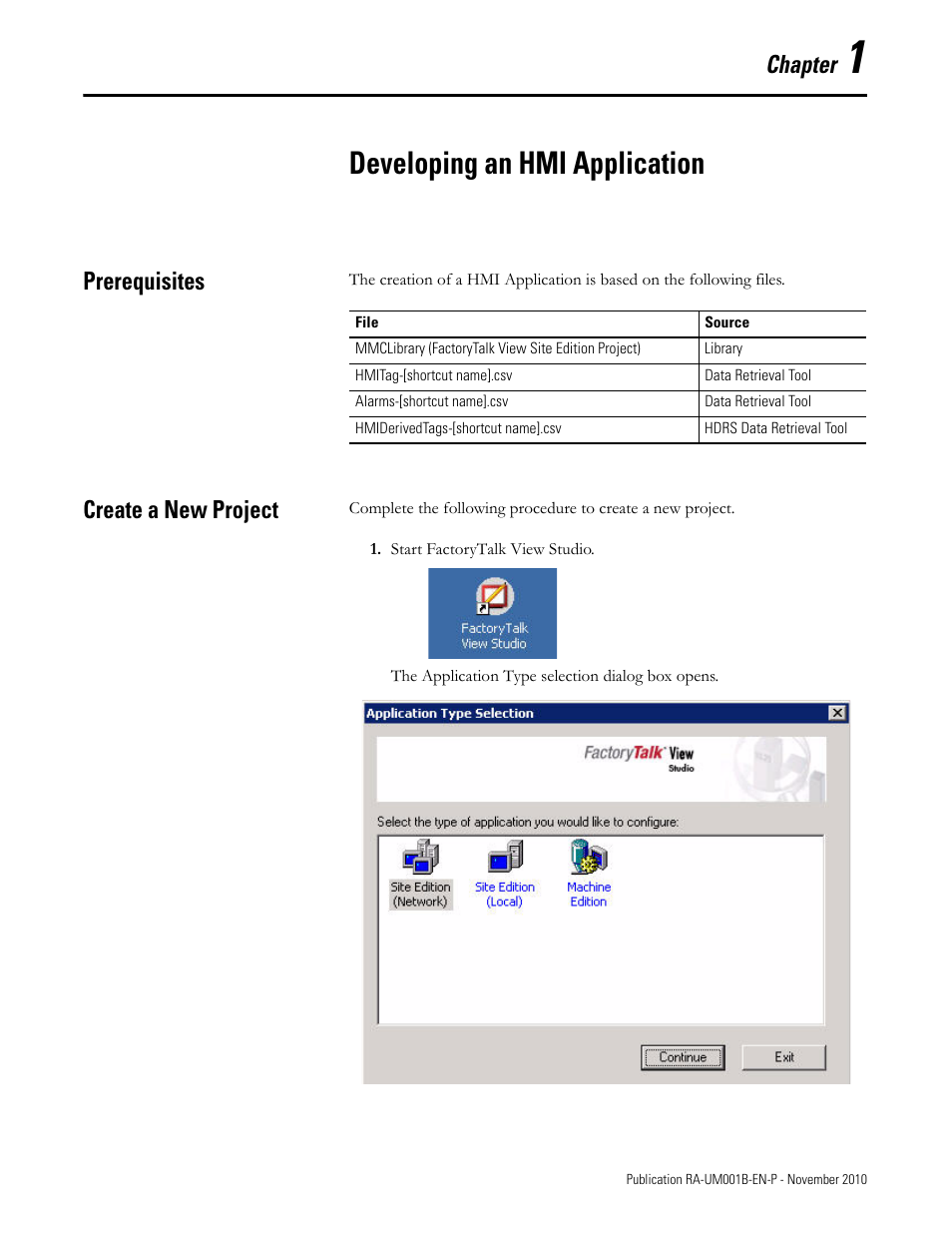 1 - developing an hmi application, Prerequisites, Create a new project | Chapter 1, Developing an hmi application, Prerequisites create a new project, Chapter | Rockwell Automation MMCL Using the Mining, Mineral, and Cement Library (MMCL) in FactoryTalk View Site Ed User Manual | Page 9 / 92