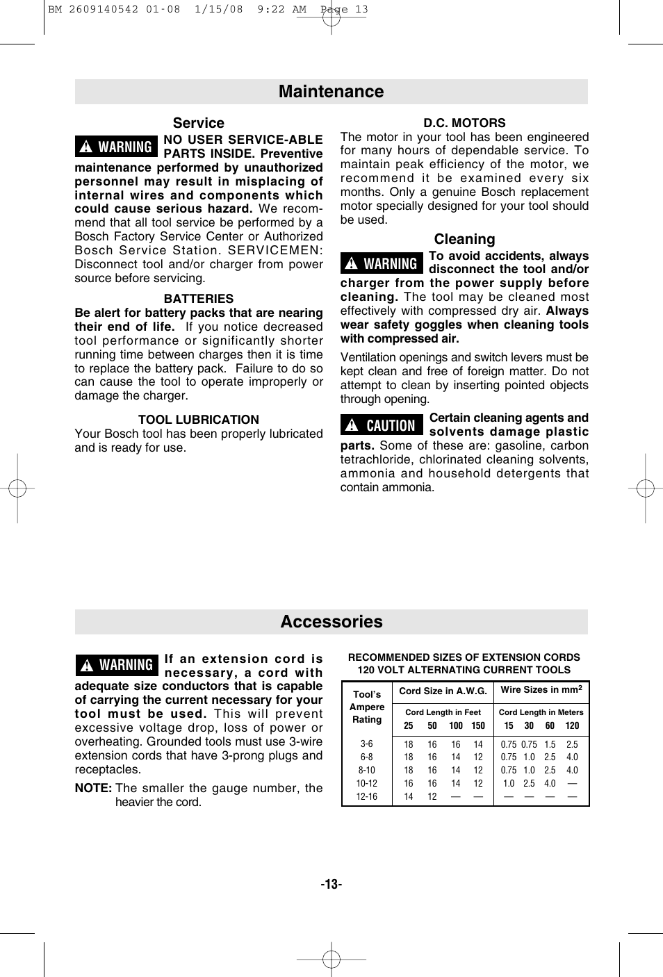 Maintenance, Accessories, Service | Cleaning, Warning, Caution | Bosch PS20 User Manual | Page 13 / 40