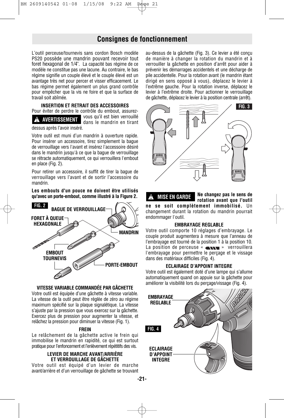 Consignes de fonctionnement | Bosch PS20 User Manual | Page 21 / 40