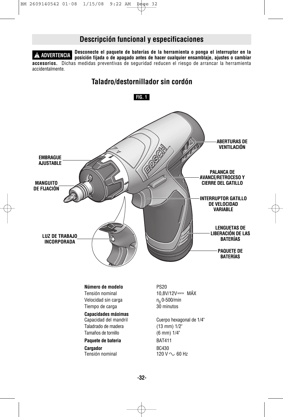 Descripción funcional y especificaciones, Taladro/destornillador sin cordón | Bosch PS20 User Manual | Page 32 / 40