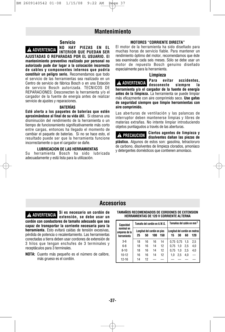 Mantenimiento accesorios, Servicio, Limpieza | Advertencia, Advertencia ! advertencia ! precaucion | Bosch PS20 User Manual | Page 37 / 40
