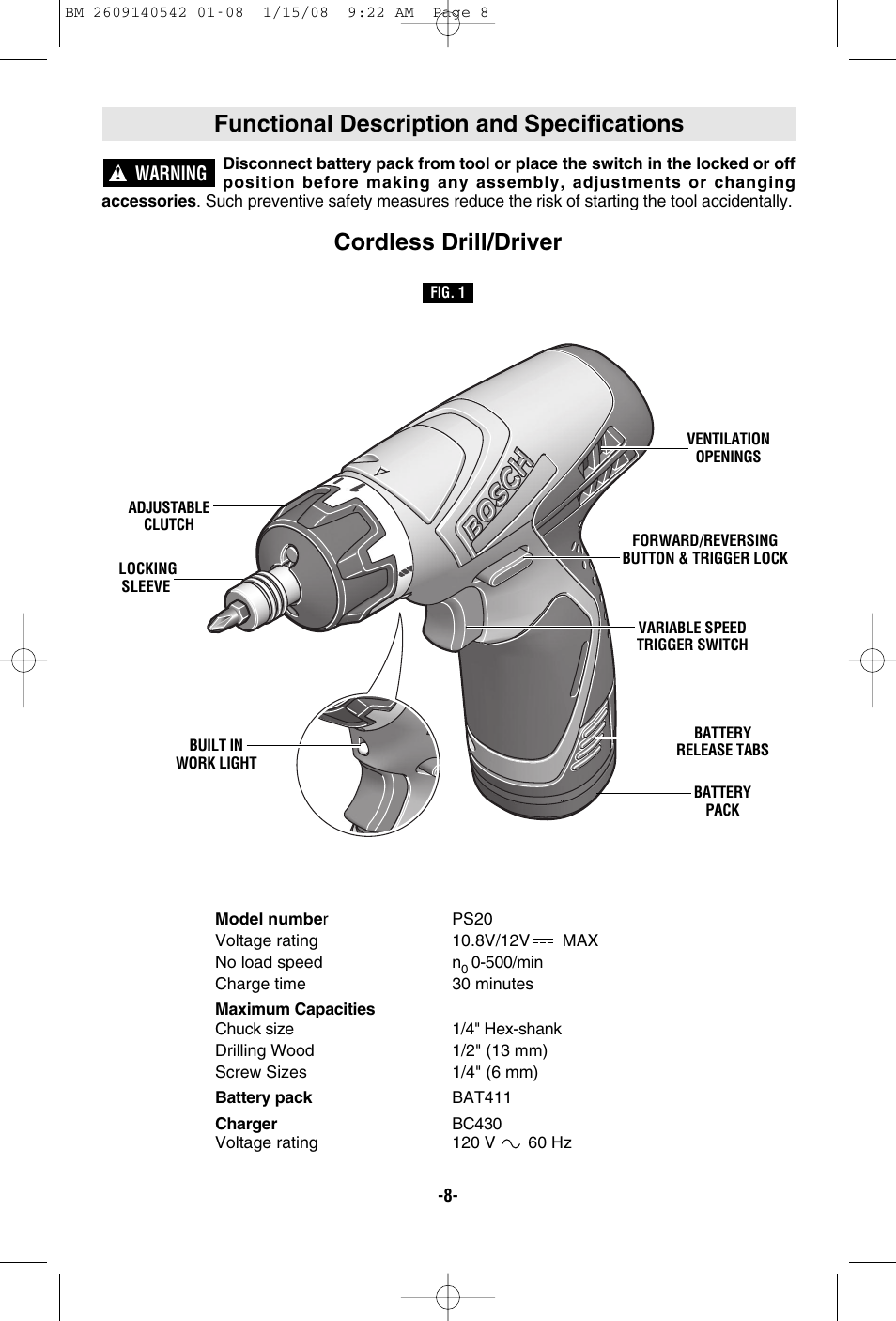 Functional description and specifications, Cordless drill/driver | Bosch PS20 User Manual | Page 8 / 40
