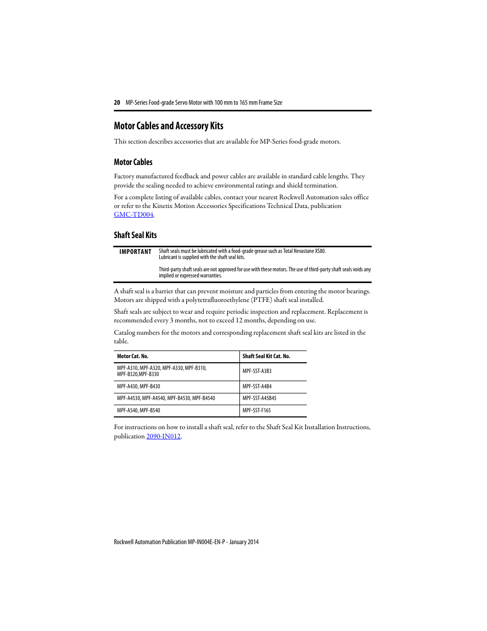 Motor cables and accessory kits, Motor cables, Shaft seal kits | For g | Rockwell Automation MPF-Bxxx Food Grade Servo Motor User Manual | Page 20 / 24