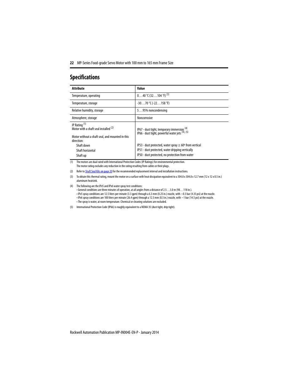 Specifications, Specifications 22 | Rockwell Automation MPF-Bxxx Food Grade Servo Motor User Manual | Page 22 / 24