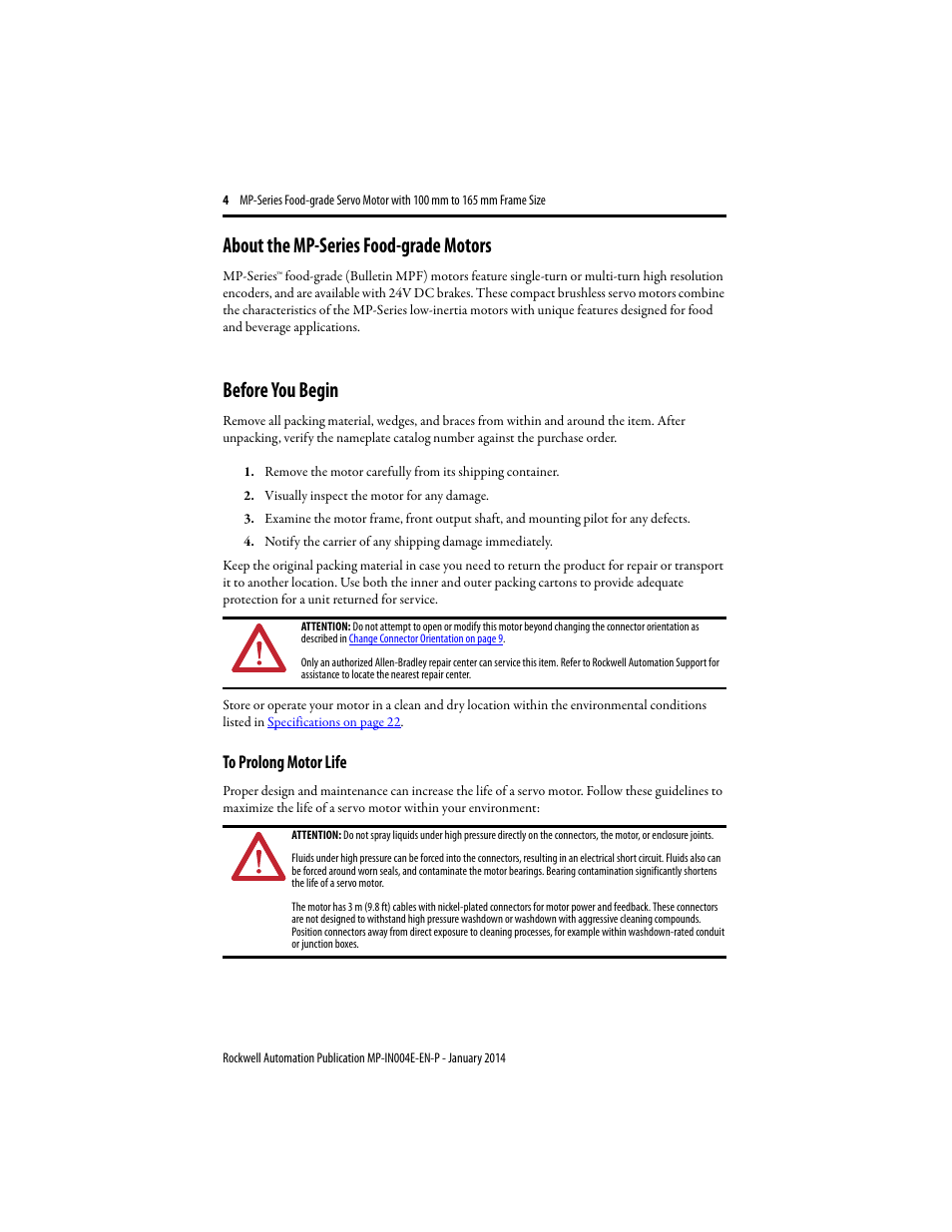 About the mp-series food-grade motors, Before you begin, To prolong motor life | Rockwell Automation MPF-Bxxx Food Grade Servo Motor User Manual | Page 4 / 24