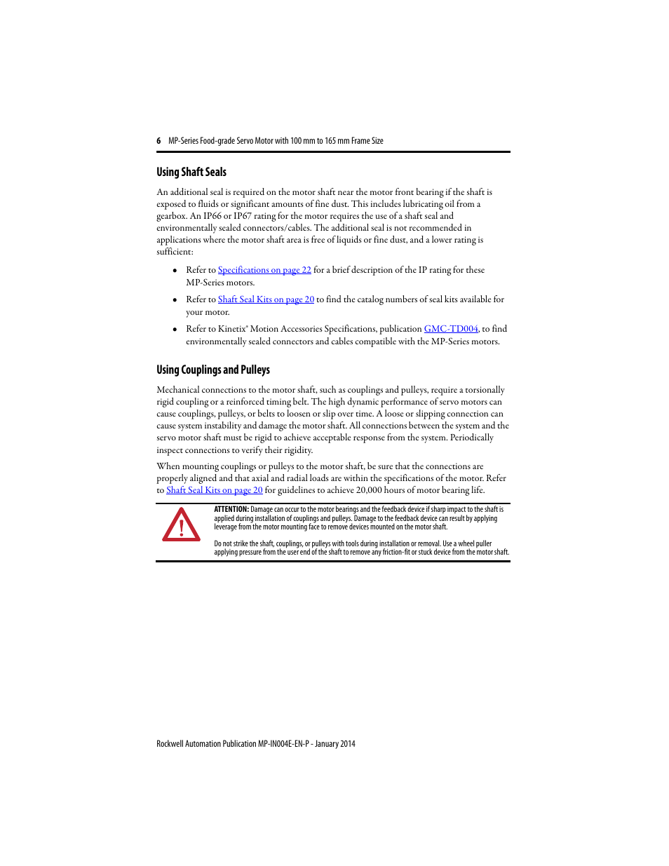 Using shaft seals, Using couplings and pulleys | Rockwell Automation MPF-Bxxx Food Grade Servo Motor User Manual | Page 6 / 24