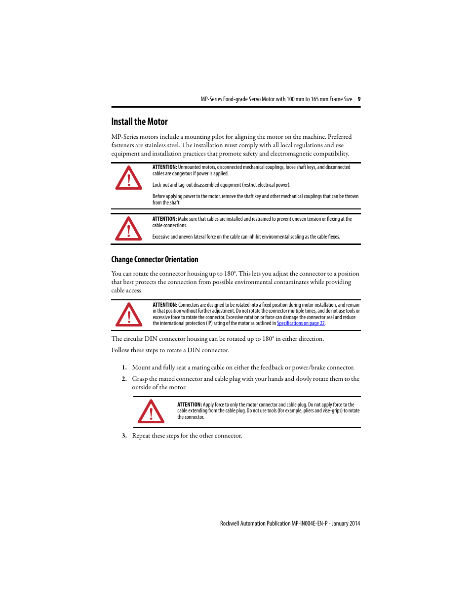 Install the motor, Change connector orientation | Rockwell Automation MPF-Bxxx Food Grade Servo Motor User Manual | Page 9 / 24