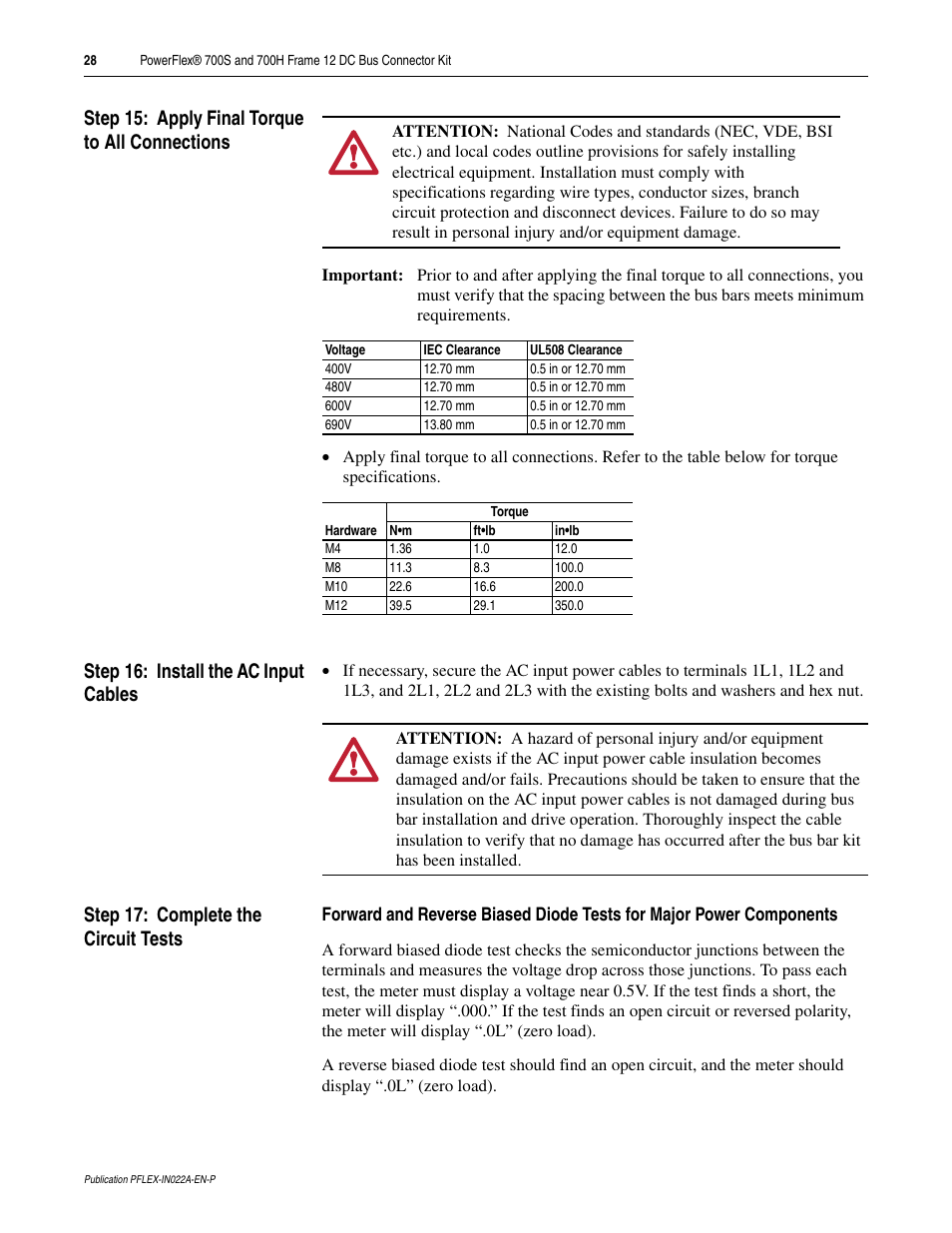 Step 15: apply final torque to all connections, Step 16: install the ac input cables, Step 17: complete the circuit tests | Rockwell Automation 20D PowerFlex 700S and 700H Frame 12 DC Bus Connector Kit User Manual | Page 28 / 34