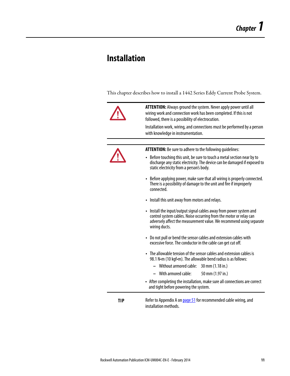 1 - installation, Chapter 1, Installation | Chapter | Rockwell Automation 1442 Eddy Current Probe System User Manual | Page 11 / 56