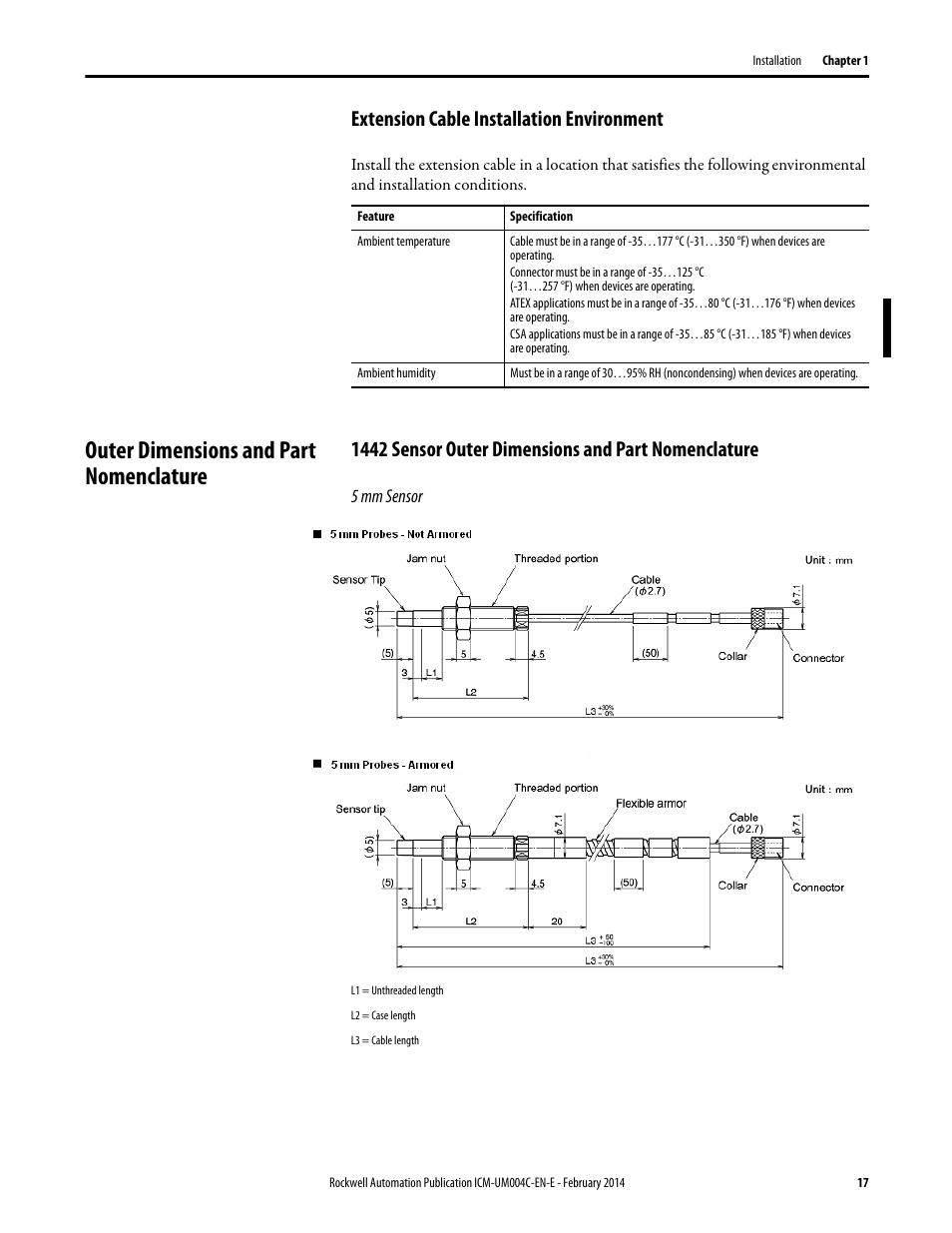Extension cable installation environment, Outer dimensions and part nomenclature, 1442 sensor outer dimensions and part nomenclature | Rockwell Automation 1442 Eddy Current Probe System User Manual | Page 17 / 56