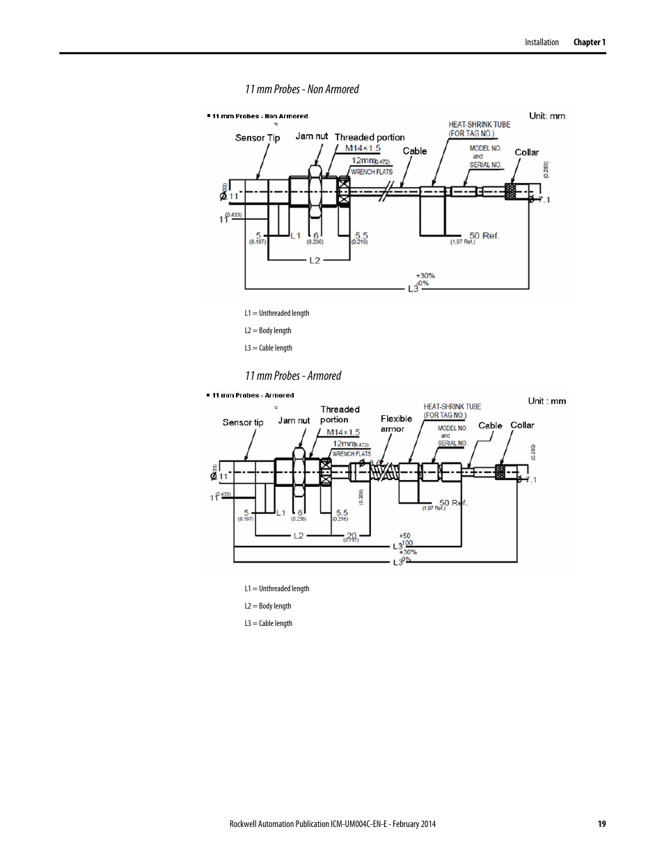 11 mm probes - non armored, 11 mm probes - armored | Rockwell Automation 1442 Eddy Current Probe System User Manual | Page 19 / 56