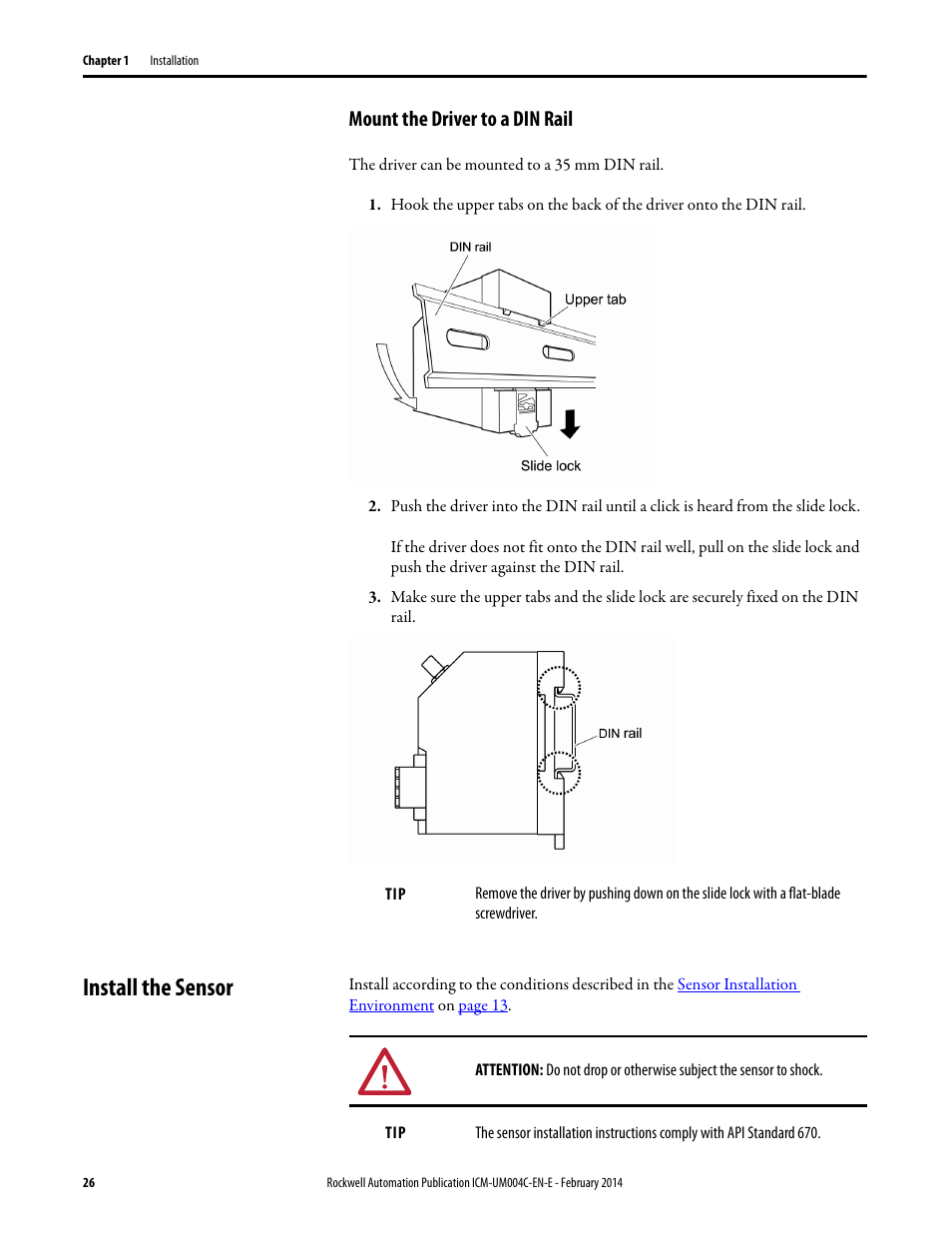 Mount the driver to a din rail, Install the sensor | Rockwell Automation 1442 Eddy Current Probe System User Manual | Page 26 / 56