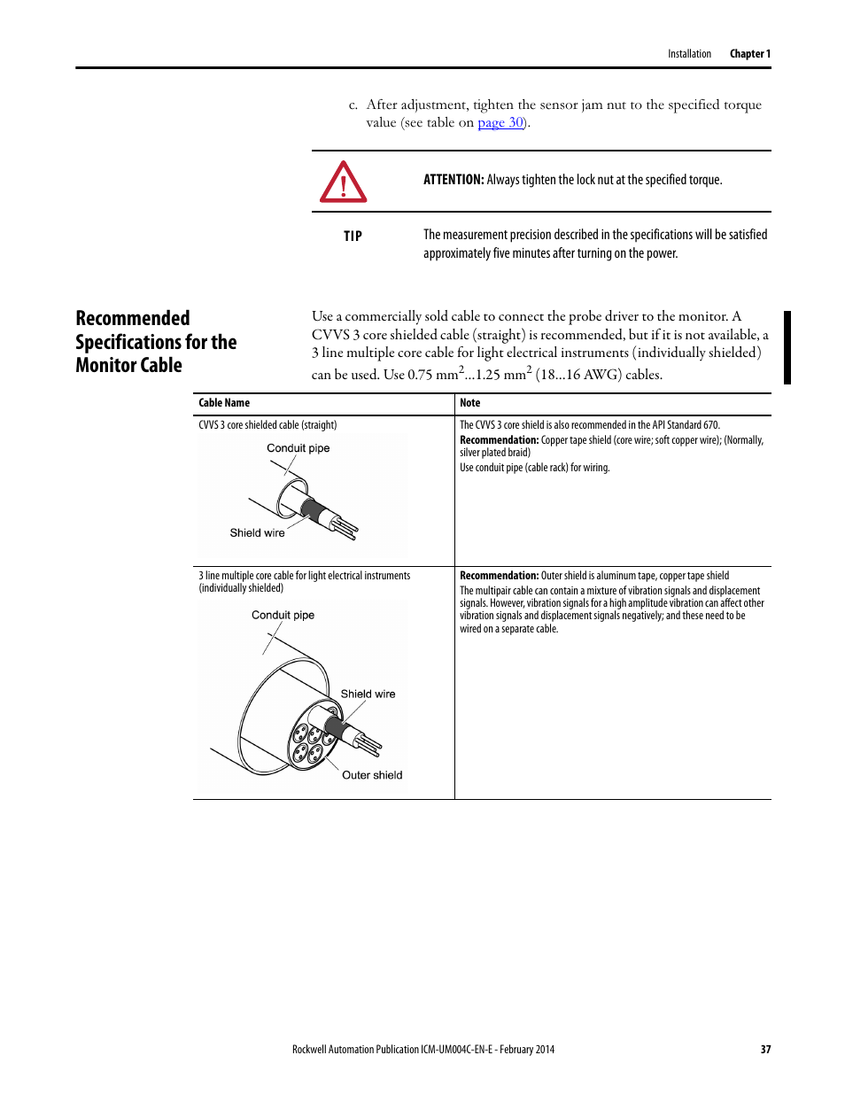 Recommended specifications for the monitor cable | Rockwell Automation 1442 Eddy Current Probe System User Manual | Page 37 / 56