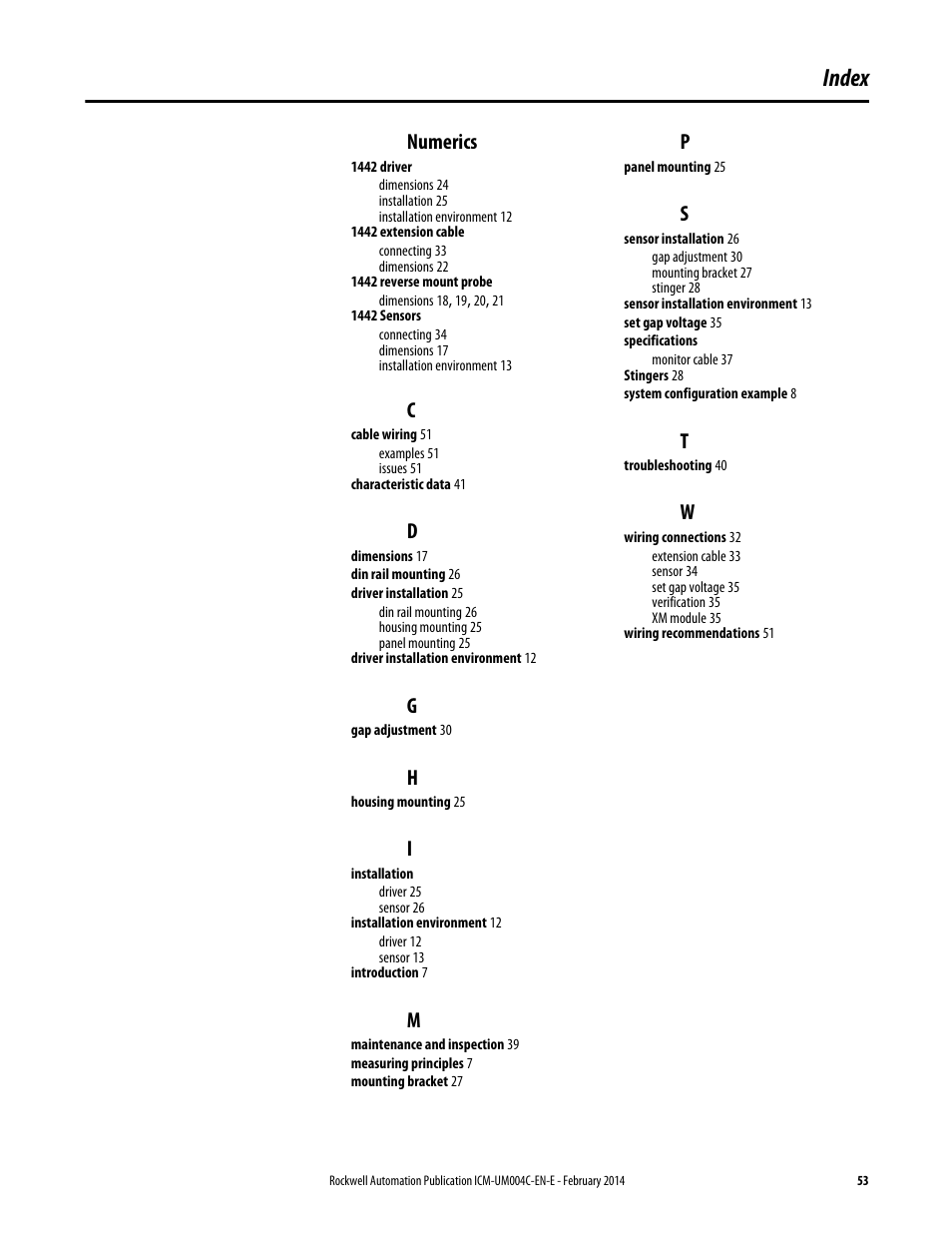 Index, Numerics | Rockwell Automation 1442 Eddy Current Probe System User Manual | Page 53 / 56