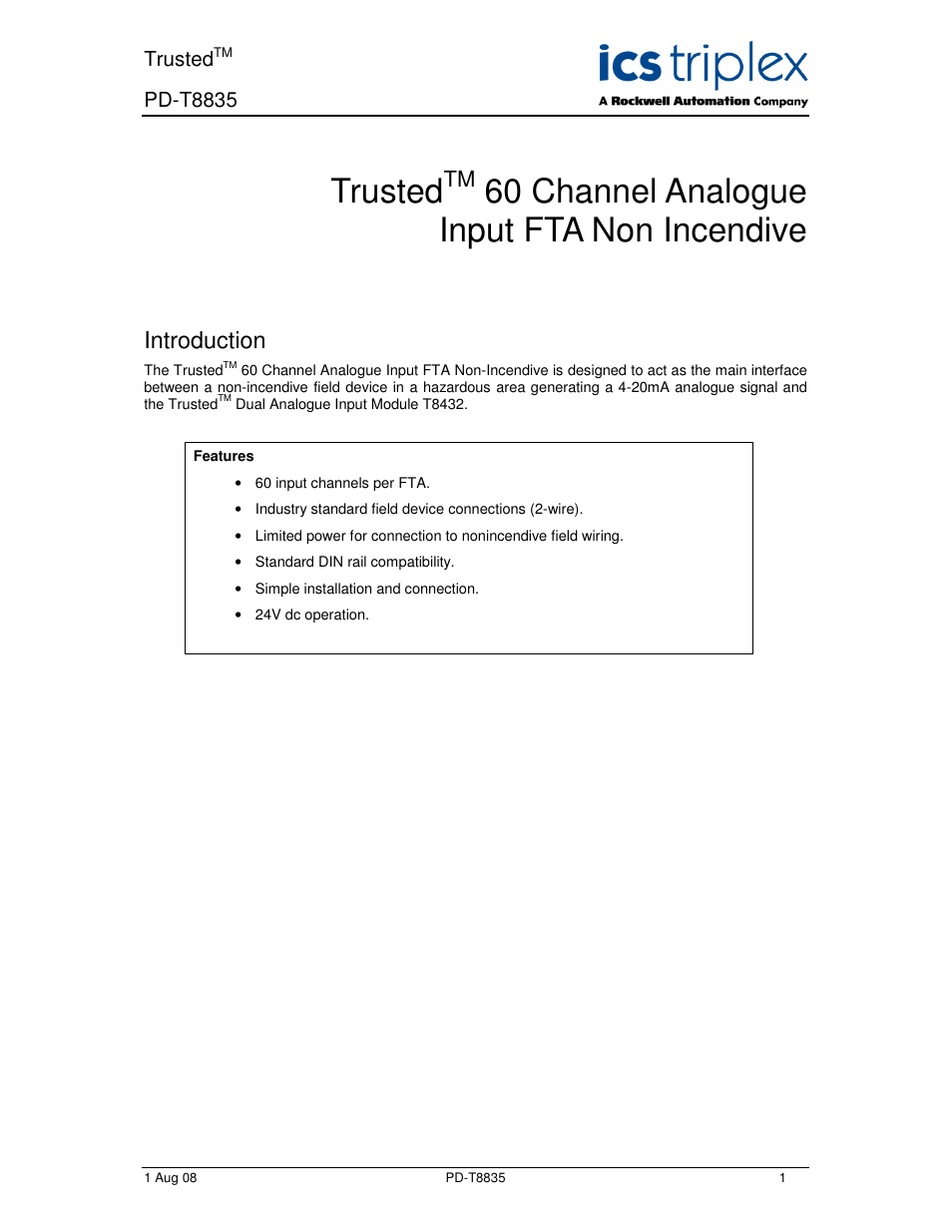 Rockwell Automation T8835 Trusted 60 Channel Analogue Input FTA Non Incendive User Manual | 18 pages