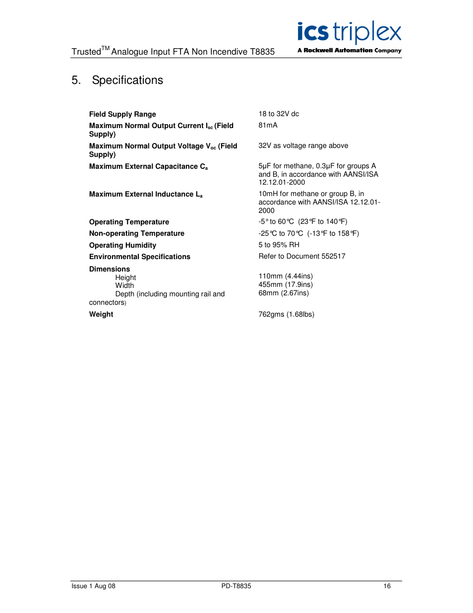 Specifications | Rockwell Automation T8835 Trusted 60 Channel Analogue Input FTA Non Incendive User Manual | Page 16 / 18
