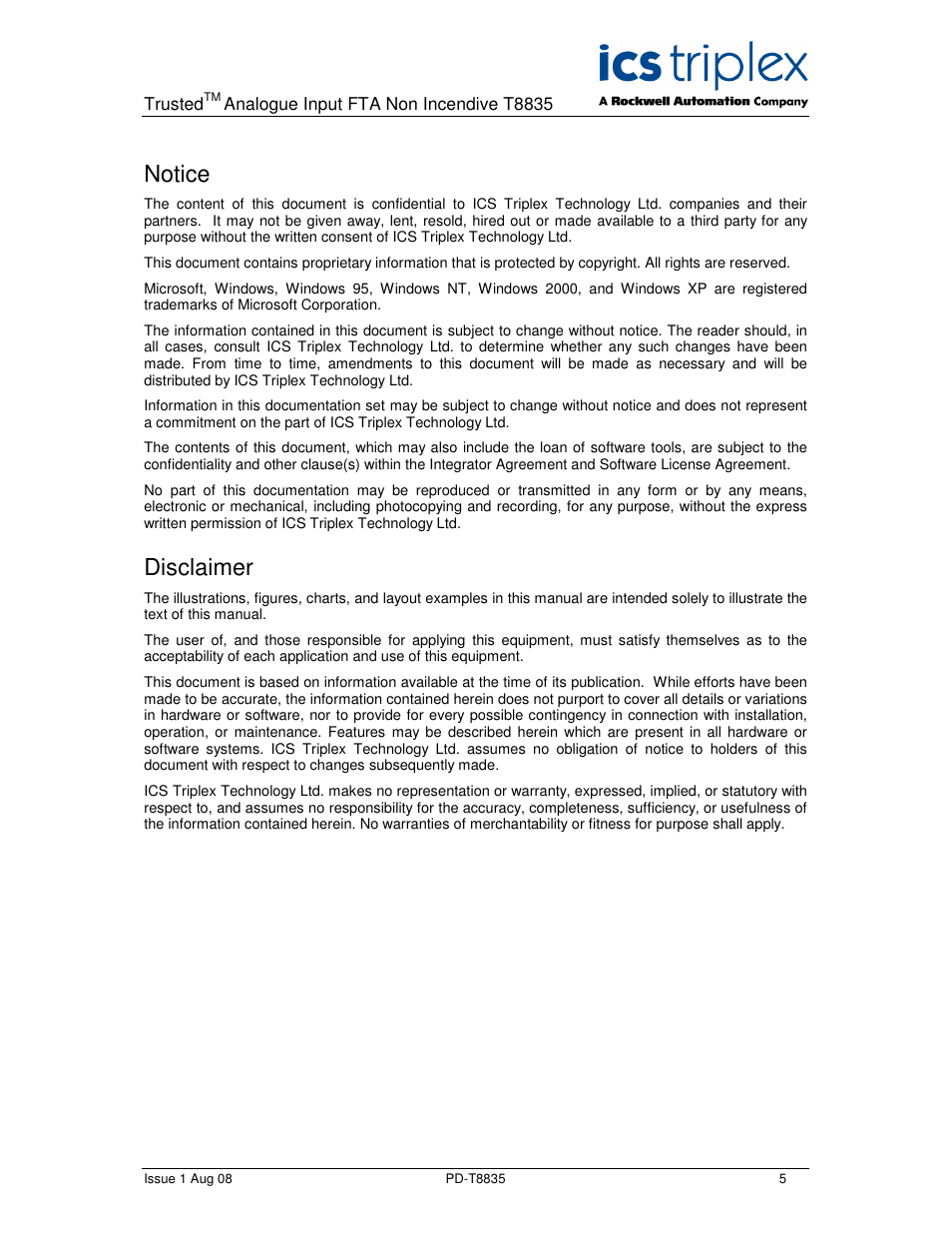 Notice, Disclaimer | Rockwell Automation T8835 Trusted 60 Channel Analogue Input FTA Non Incendive User Manual | Page 5 / 18