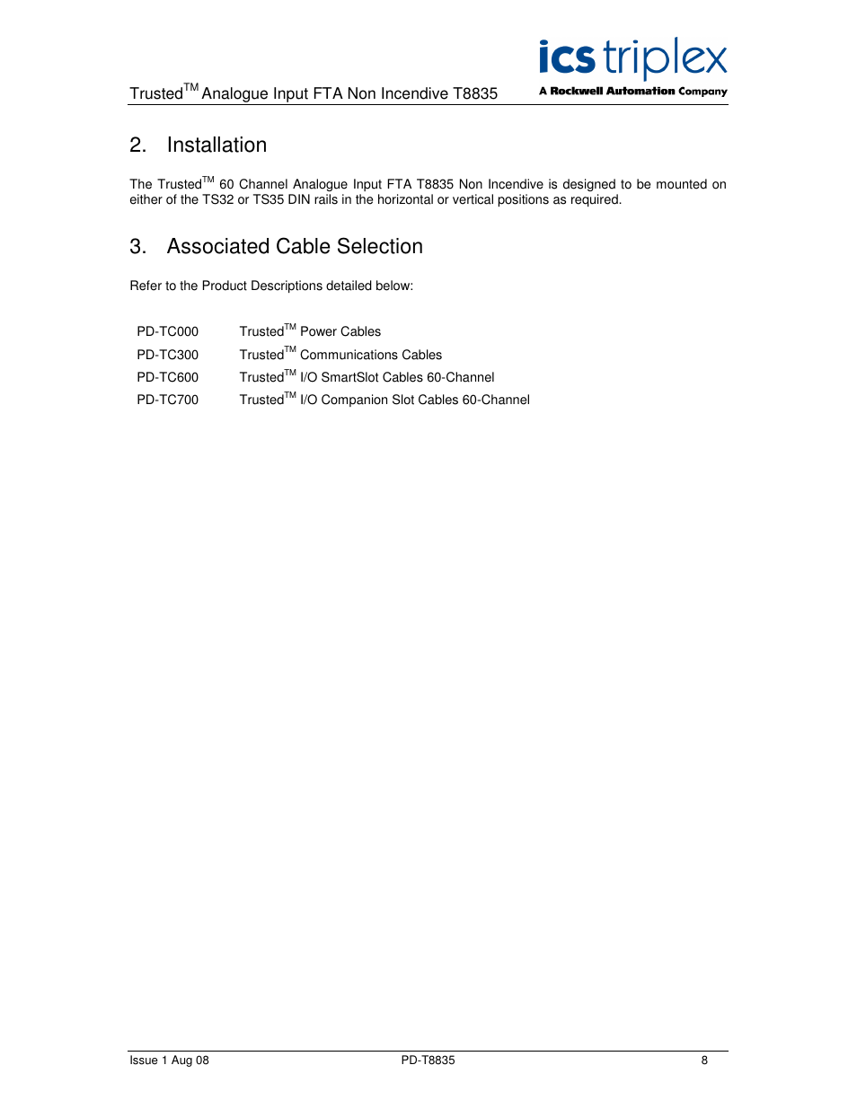 Installation, Associated cable selection | Rockwell Automation T8835 Trusted 60 Channel Analogue Input FTA Non Incendive User Manual | Page 8 / 18