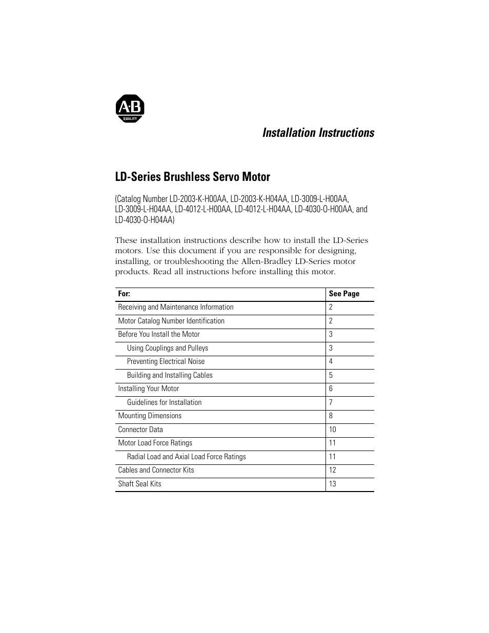 Rockwell Automation LD-Series Brushless Servo Motor  User Manual | 16 pages