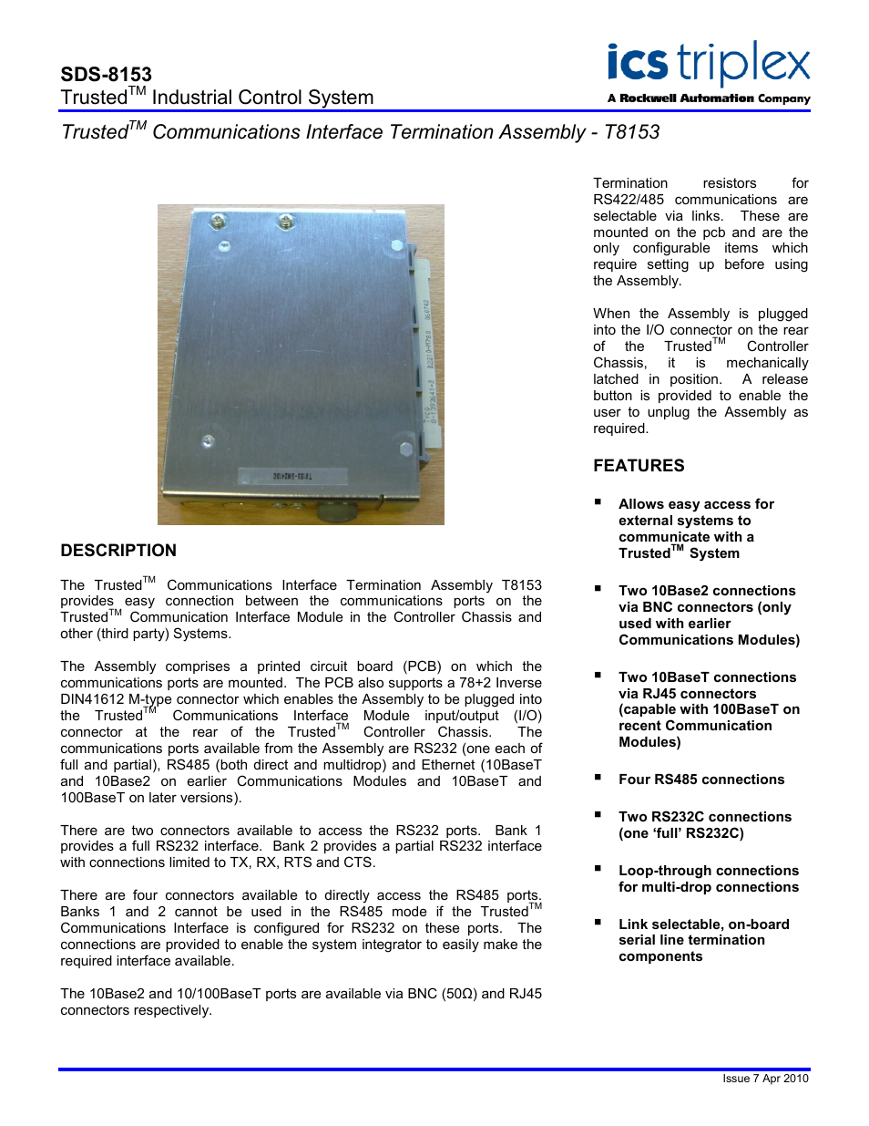 Rockwell Automation T8153 Trusted Communications Interface Adapter User Manual | 2 pages