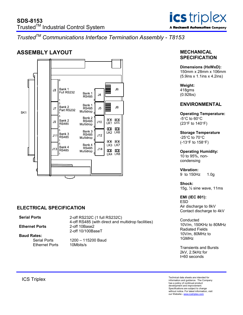 Assembly layout, Electrical specification, Sds-8153 trusted | Industrial control system trusted, Ics triplex, Mechanical specification, Environmental | Rockwell Automation T8153 Trusted Communications Interface Adapter User Manual | Page 2 / 2