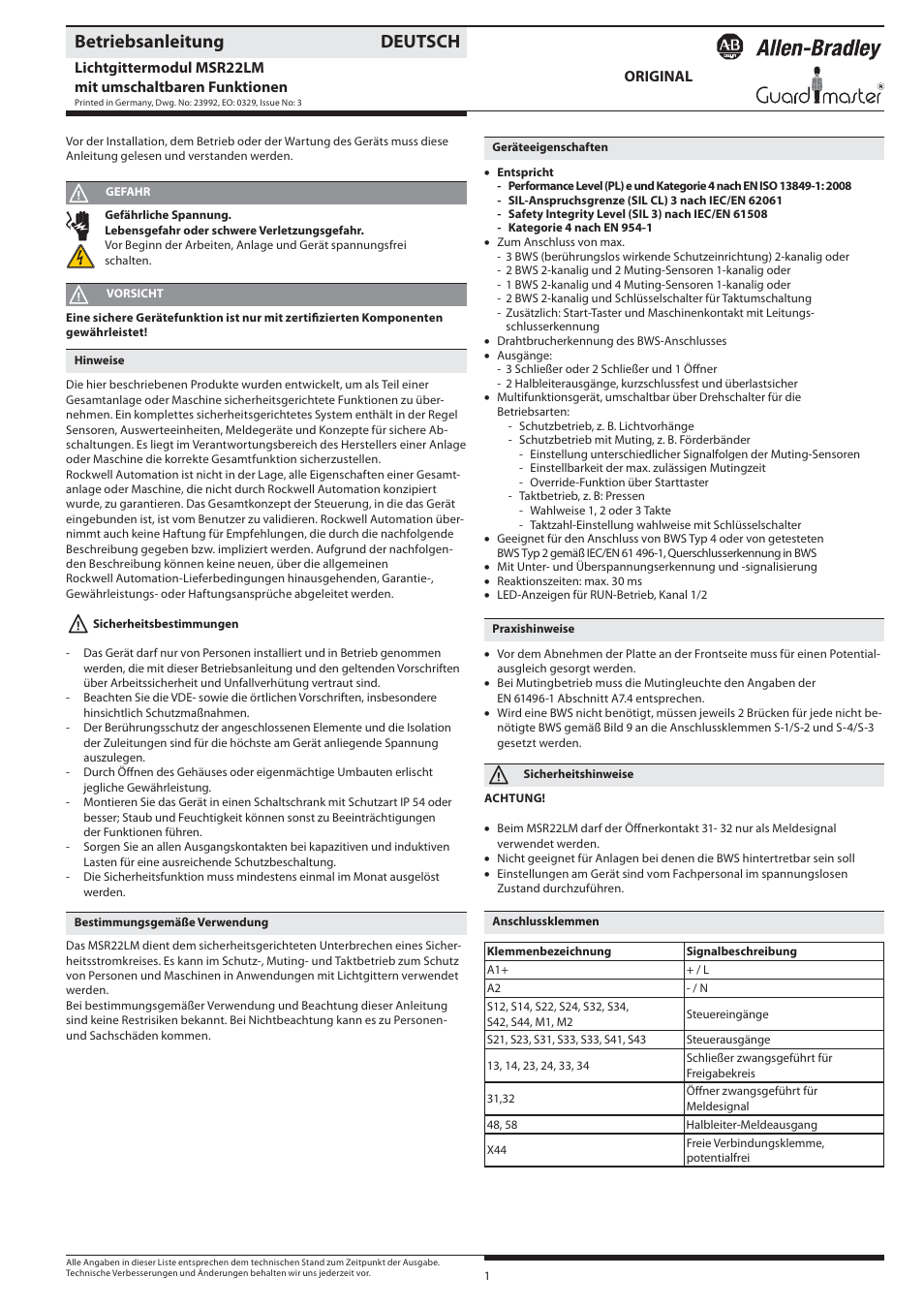 Rockwell Automation 440R Lichtgittermodul MSR22LM mit umschaltbaren Funktionen Light curtain controller User Manual | 32 pages