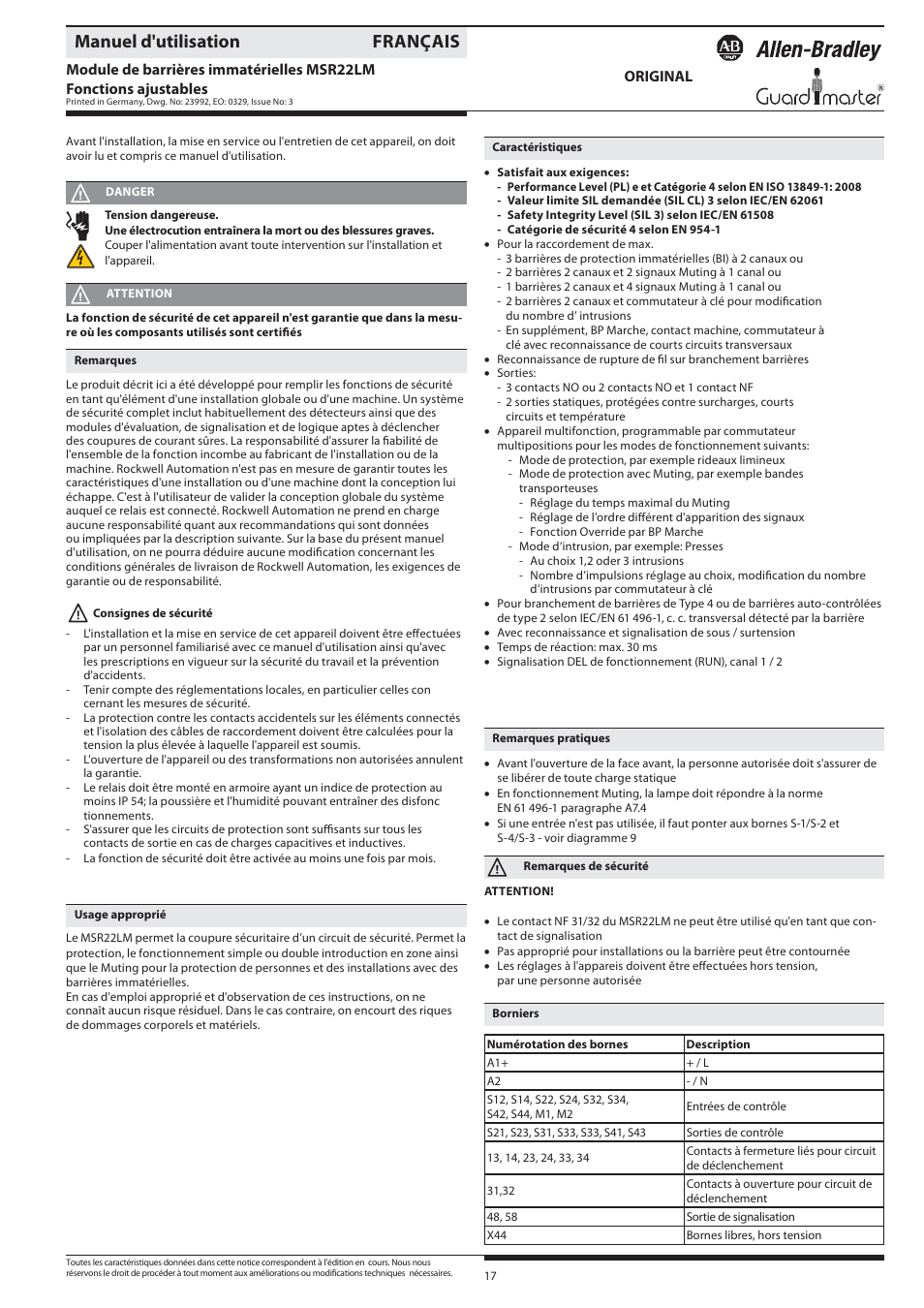 Manuel d'utilisation français | Rockwell Automation 440R Lichtgittermodul MSR22LM mit umschaltbaren Funktionen Light curtain controller User Manual | Page 17 / 32