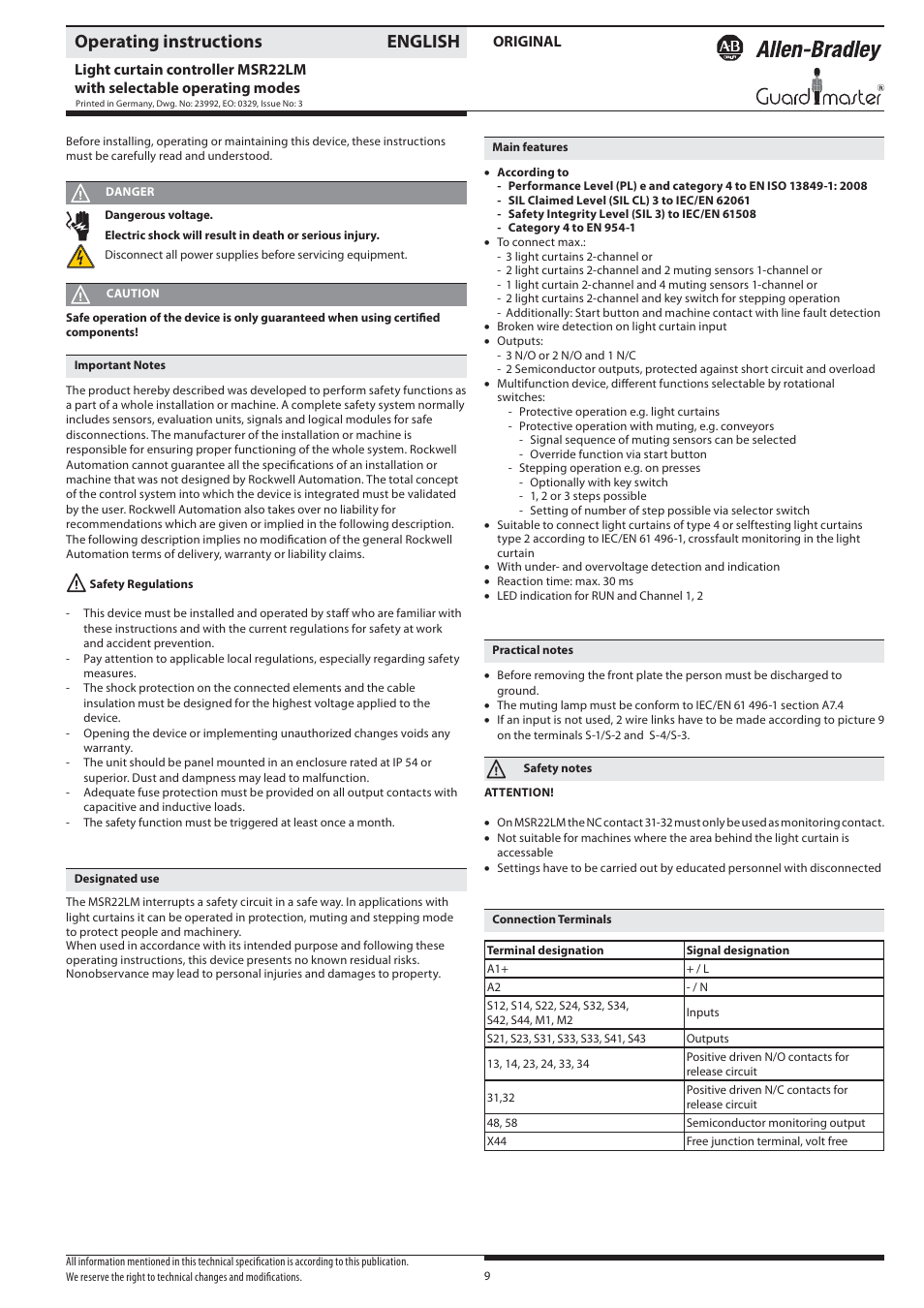 Operating instructions english | Rockwell Automation 440R Lichtgittermodul MSR22LM mit umschaltbaren Funktionen Light curtain controller User Manual | Page 9 / 32